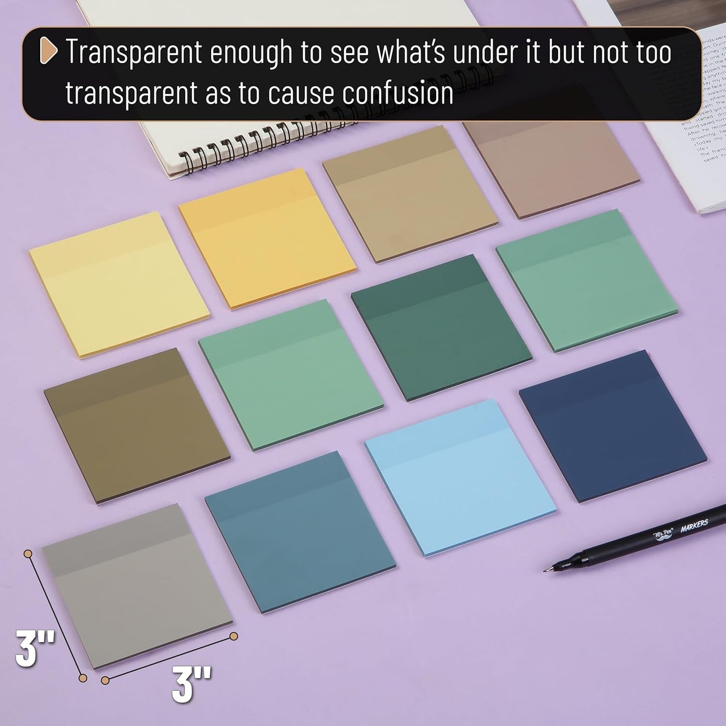 Mr. Pen- Transparent Sticky Notes, 3”x3”, Coastal Calm, 12 Pads, 600 Sheets, See Through Sticky Notes