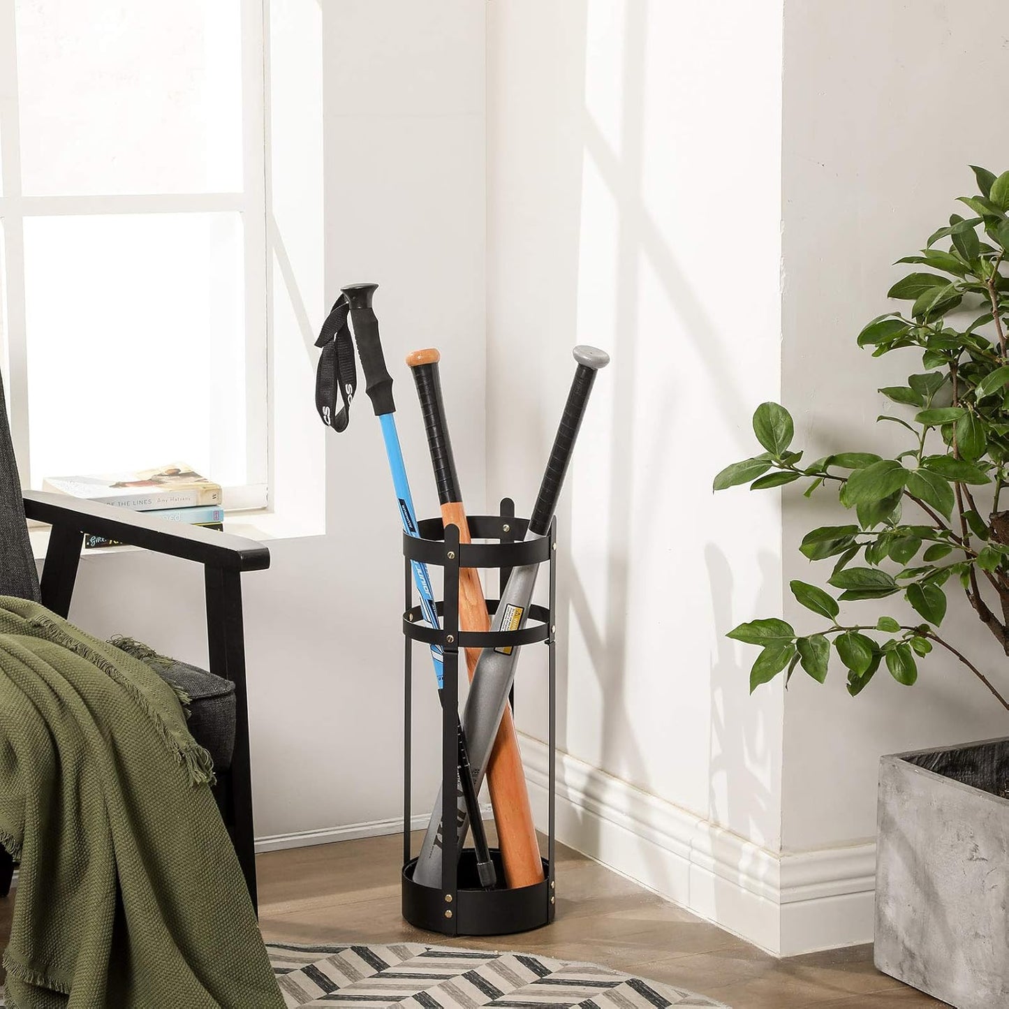 SONGMICS Umbrella Stand, Steel Round Umbrella Holder Rack, 7.7 x 7.7 x 21.7 Inches, with Detachable Drip Tray, for Entryway, Office, Stable, Assembly Required, Matte Black ULUC28BK