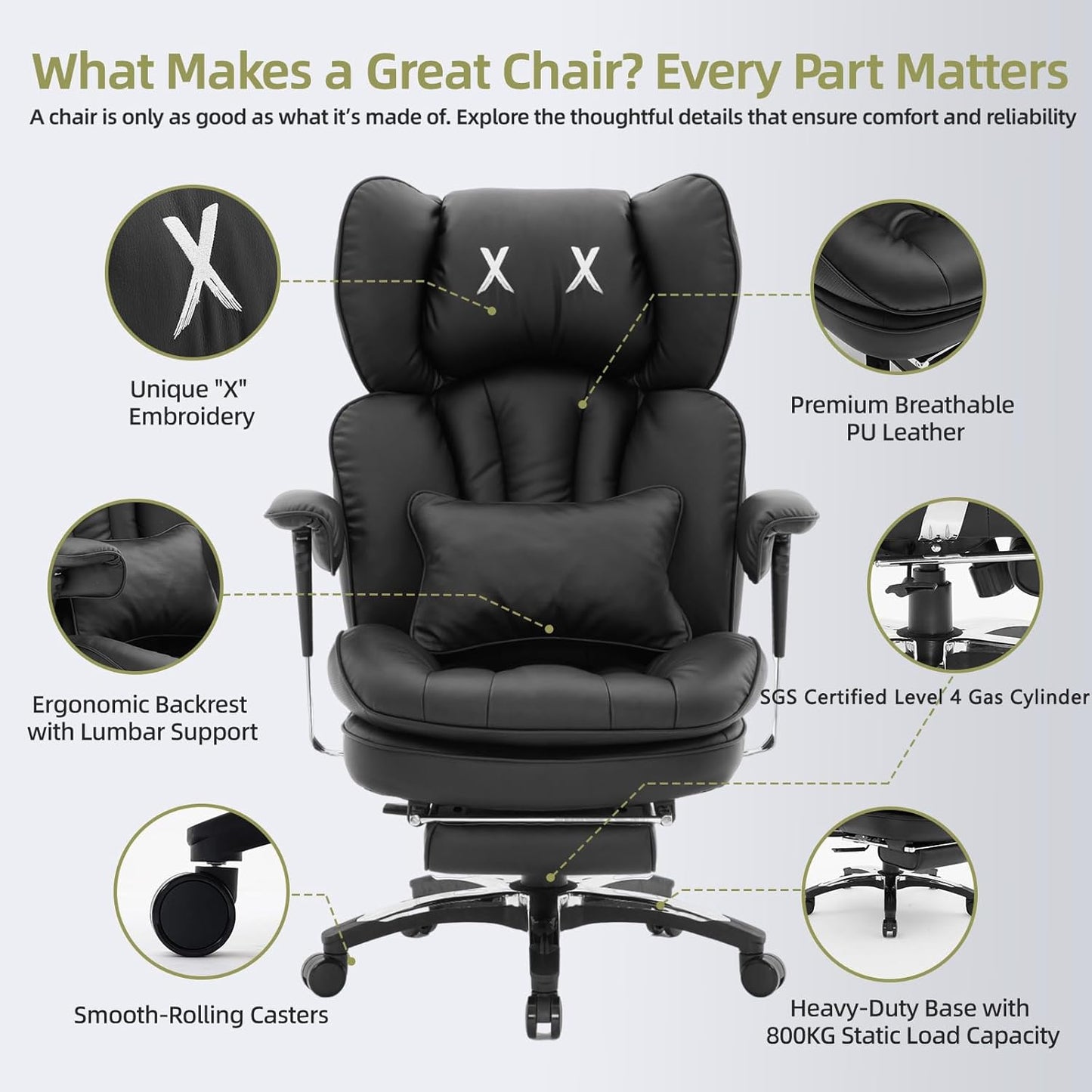 Efomao Big and Tall Office Chair with Footrest – High Back Computer Chair with Adjustable Armrests，Executive Office Chair with Wide Seat, Modern Desk Chair for Home Office, Gaming, or Study, Black