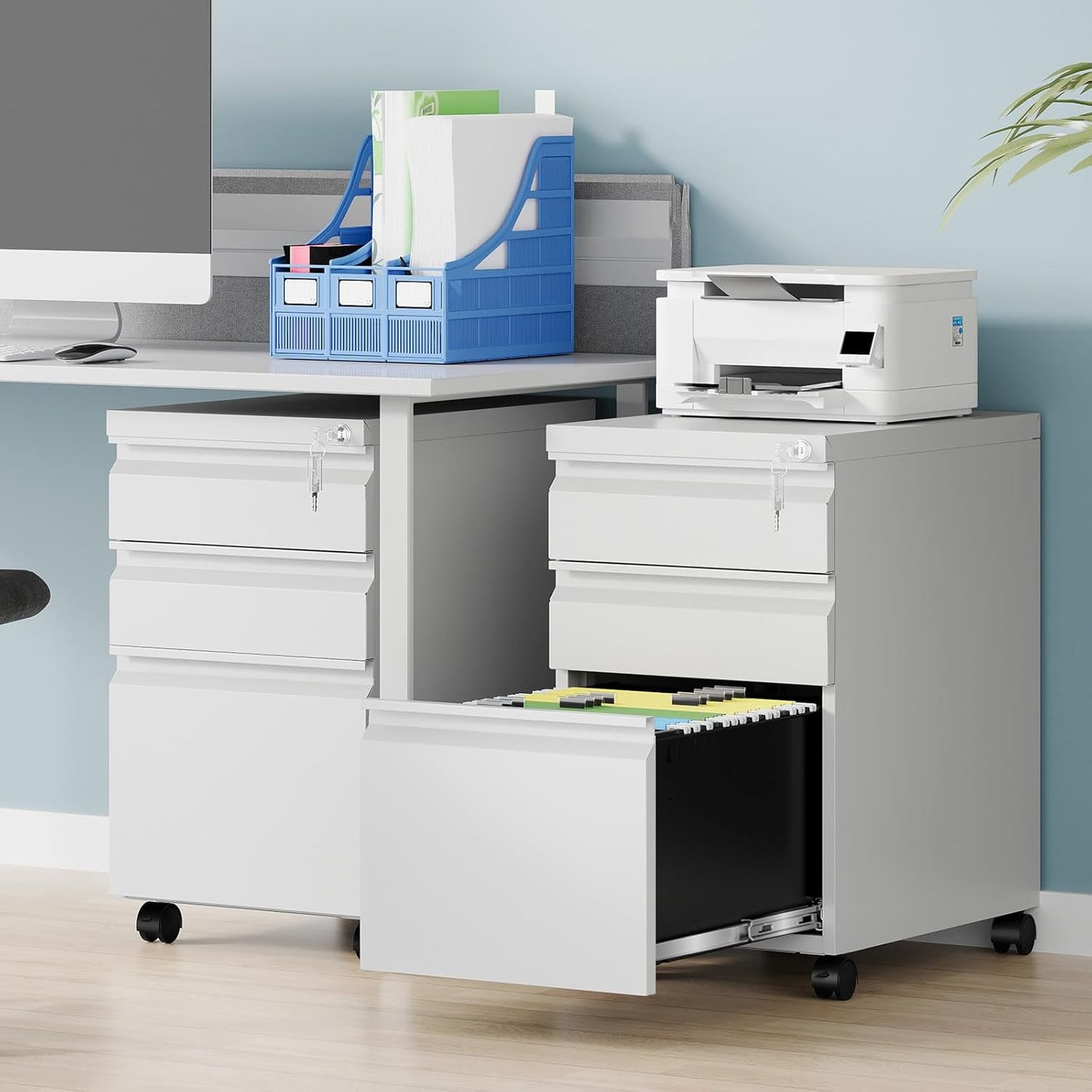 3 Drawer Mobile File Cabinet with Lock, Rolling File Cabinets for Home Office, Under Desk Small File Caninet on wheels, Metal Vertical White Filing Cabnet for Legal/Letter/A4 - Assembly Required