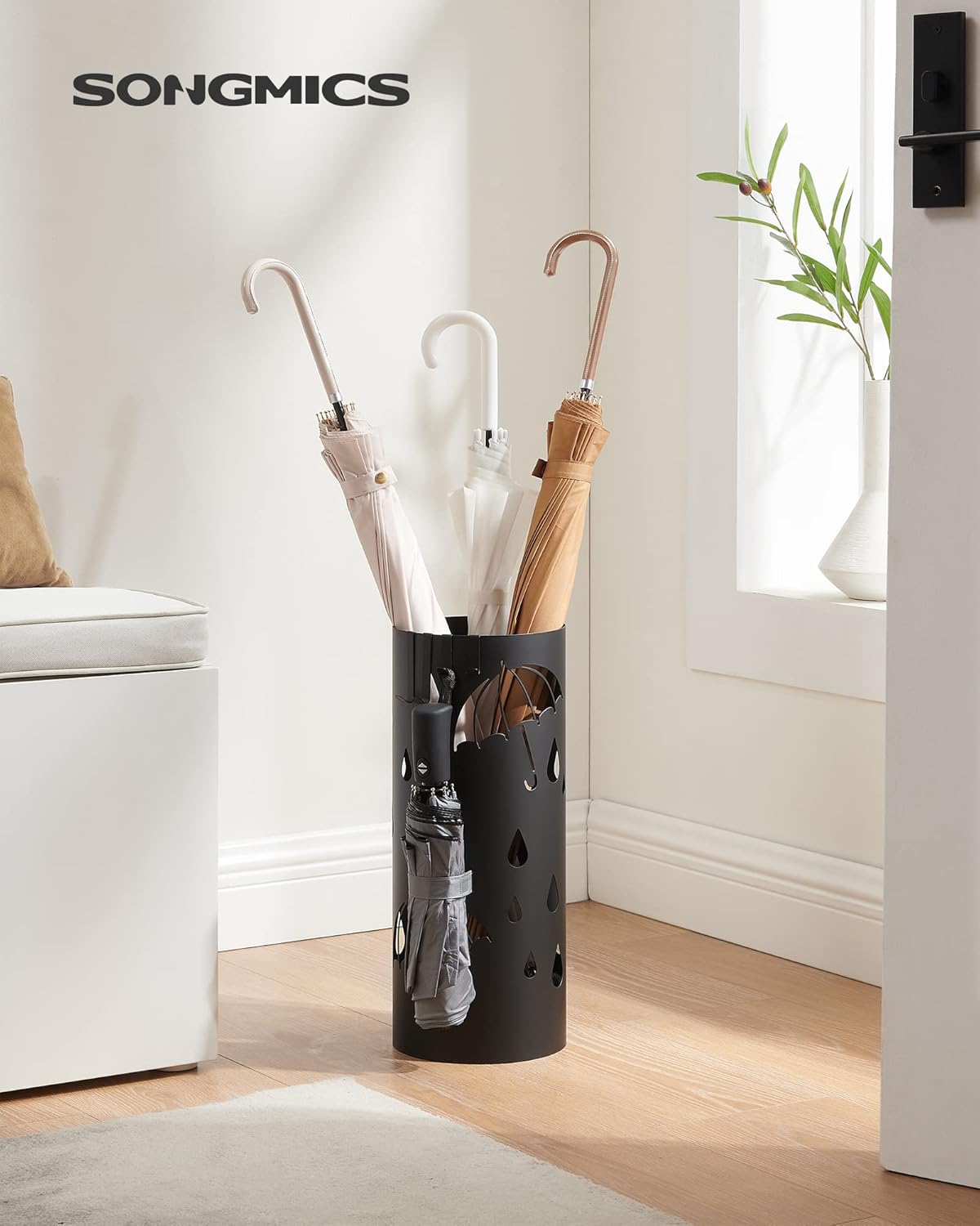 SONGMICS Umbrella Stand, Metal Umbrella Holder for Entryway, with Water Tray and 4 Hooks, 6.7 x 6.7 x 16.1 Inches, Round, Ink Black ULUC024B01