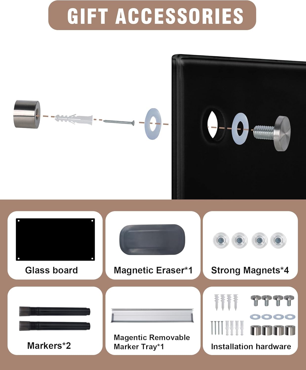 Magnetic Glass Whiteboard，24"x18" Wall Mounted Frameless Dry Erase Board for Office, Home & School Black