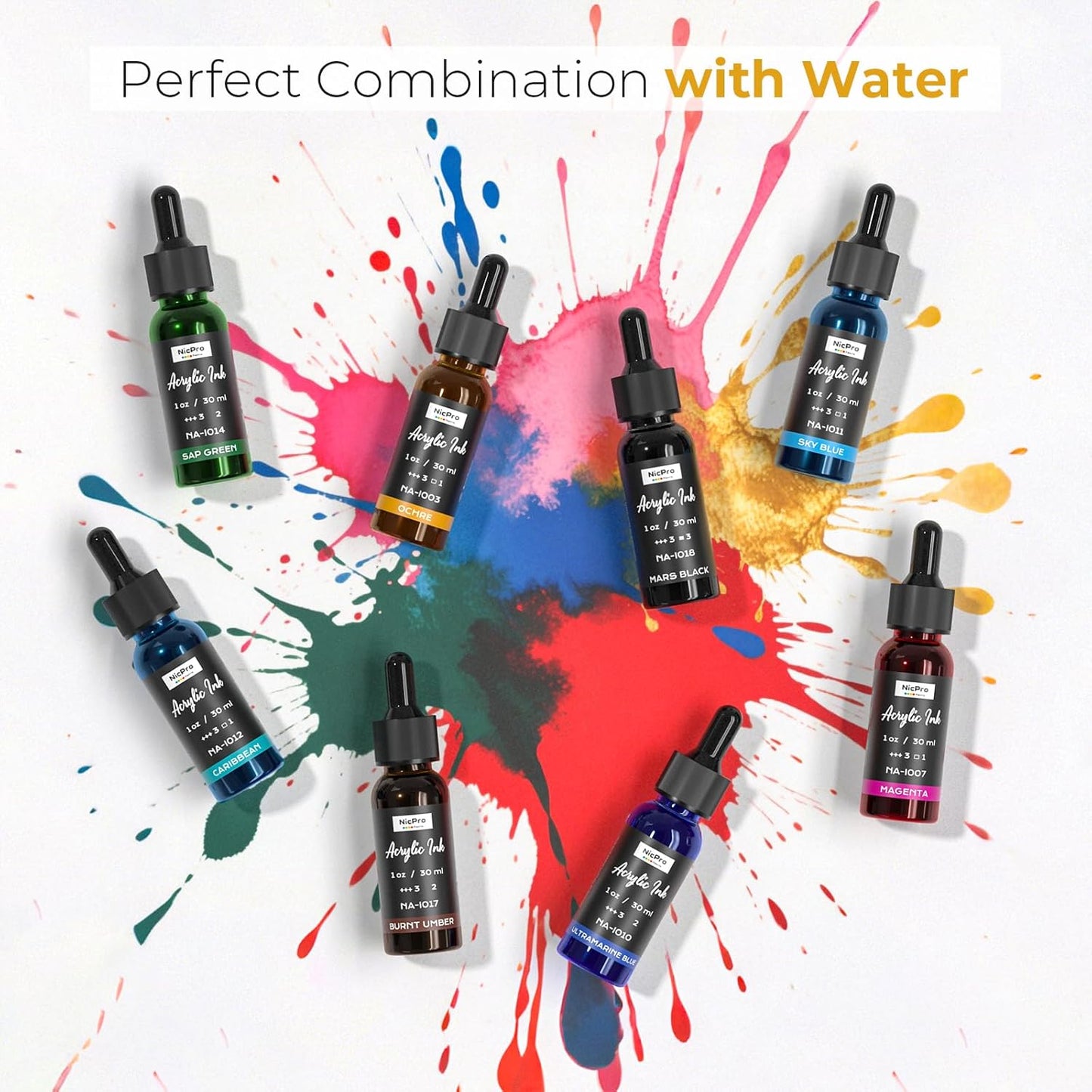 Nicpro 18 Colors Acrylic Ink, 1-oz(30ml) Bottle with Dropper, Quick Dry Permanent Acrylic Drawing Inks For Artist, Essential Color Set For Ink Drawing, Pouring Art, Airbrush, Scrapbooking, Mixed Media