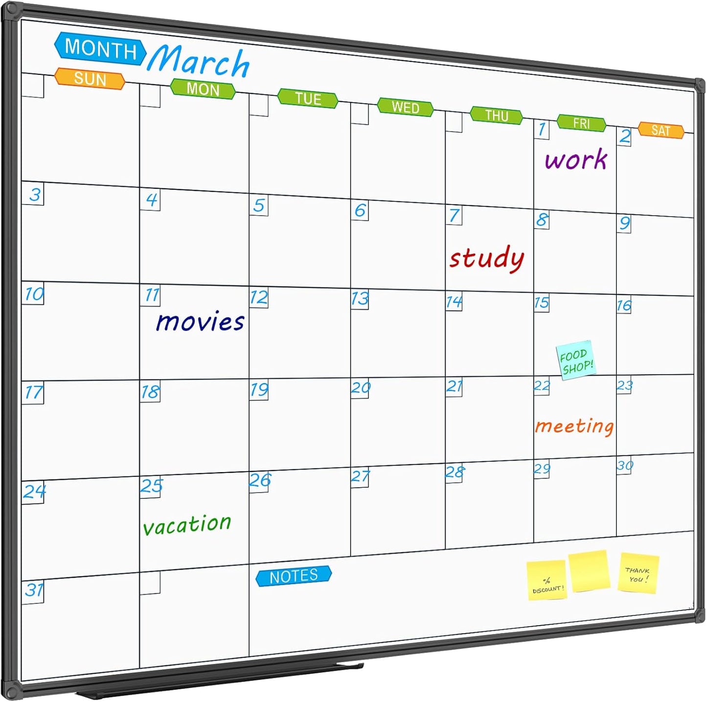 JILoffice Dry Erase Calendar Whiteboard 48 X 36 Inch - Magnetic White Board Calendar Monthly, Black Aluminum Frame Wall Mounted Board for Office Home and School