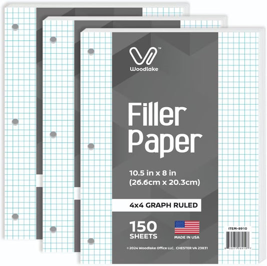 Woodlake Loose Leaf Graph Paper, 4x4 Quad Ruled Notebook Paper, 8 x 10.5” Graphing Paper, 150 Sheets per Pack, 3 Pack Filler Paper, 3 Hole Punched, Made in USA