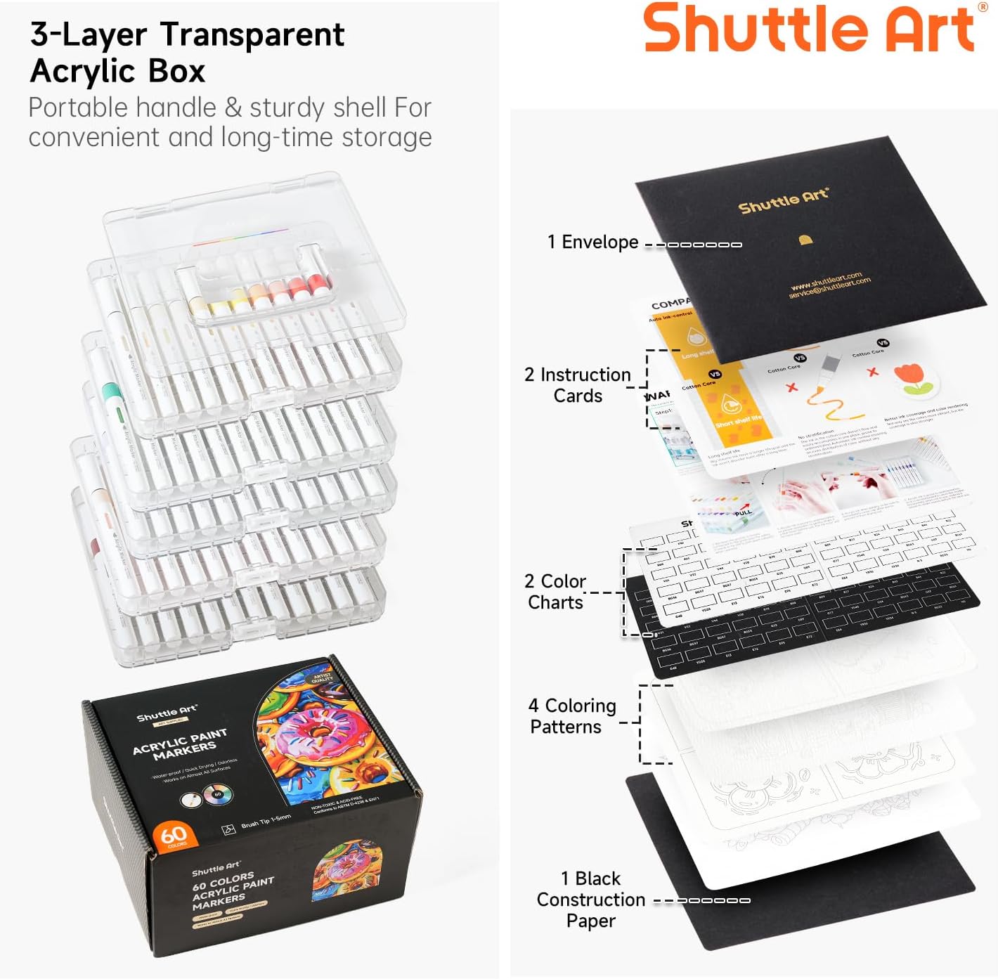 Shuttle Art Automatic Ink Control Acrylic Paint Markers, 60 Colors Brush Tip Acrylic Paint Pens for Rock Painting, Ceramic, Wood, Canvas, Glass, Stone, Fabric, Card Making, DIY & Art Supplies