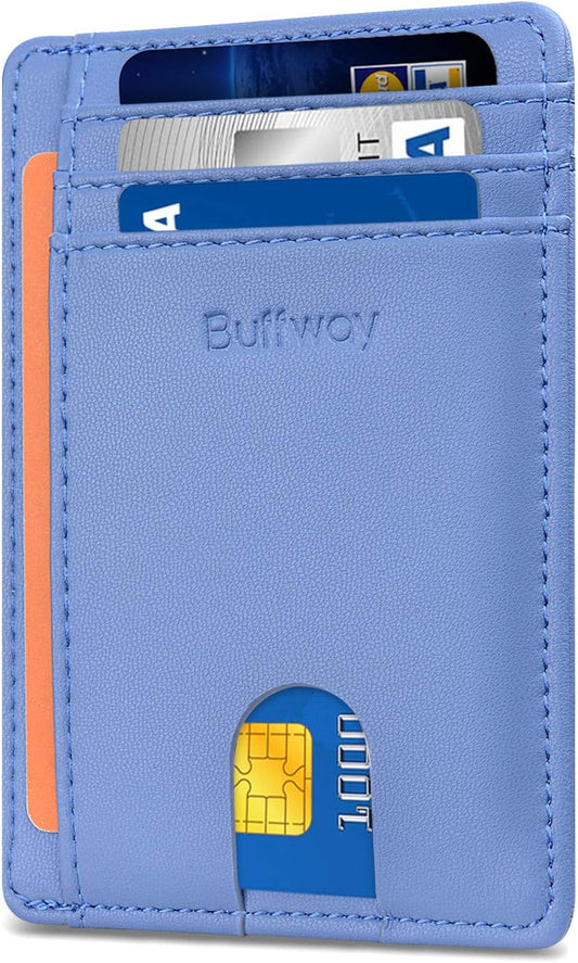 Buffway Slim Minimalist Front Pocket RFID Blocking Leather Wallets for Men and Women - Sand Wathet Blue