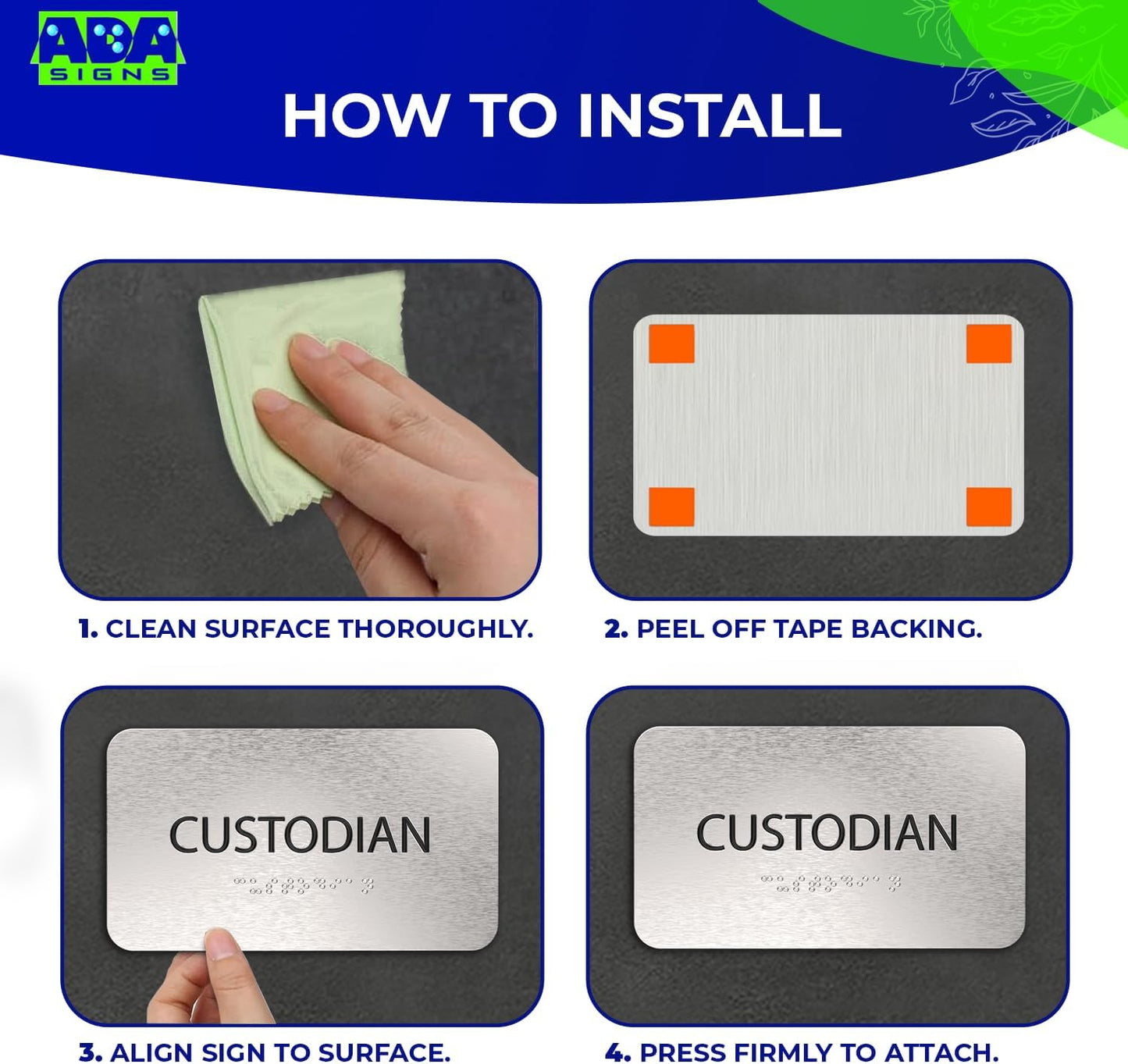 ADASigns Custodian Closet Sign 7" W x 4" H Durable Brushed Aluminum with Grade 2 Braille - Easy Installation with Adhesive Double Sided Tape - ADA Compliant Custodian Sign for Office & Businesses