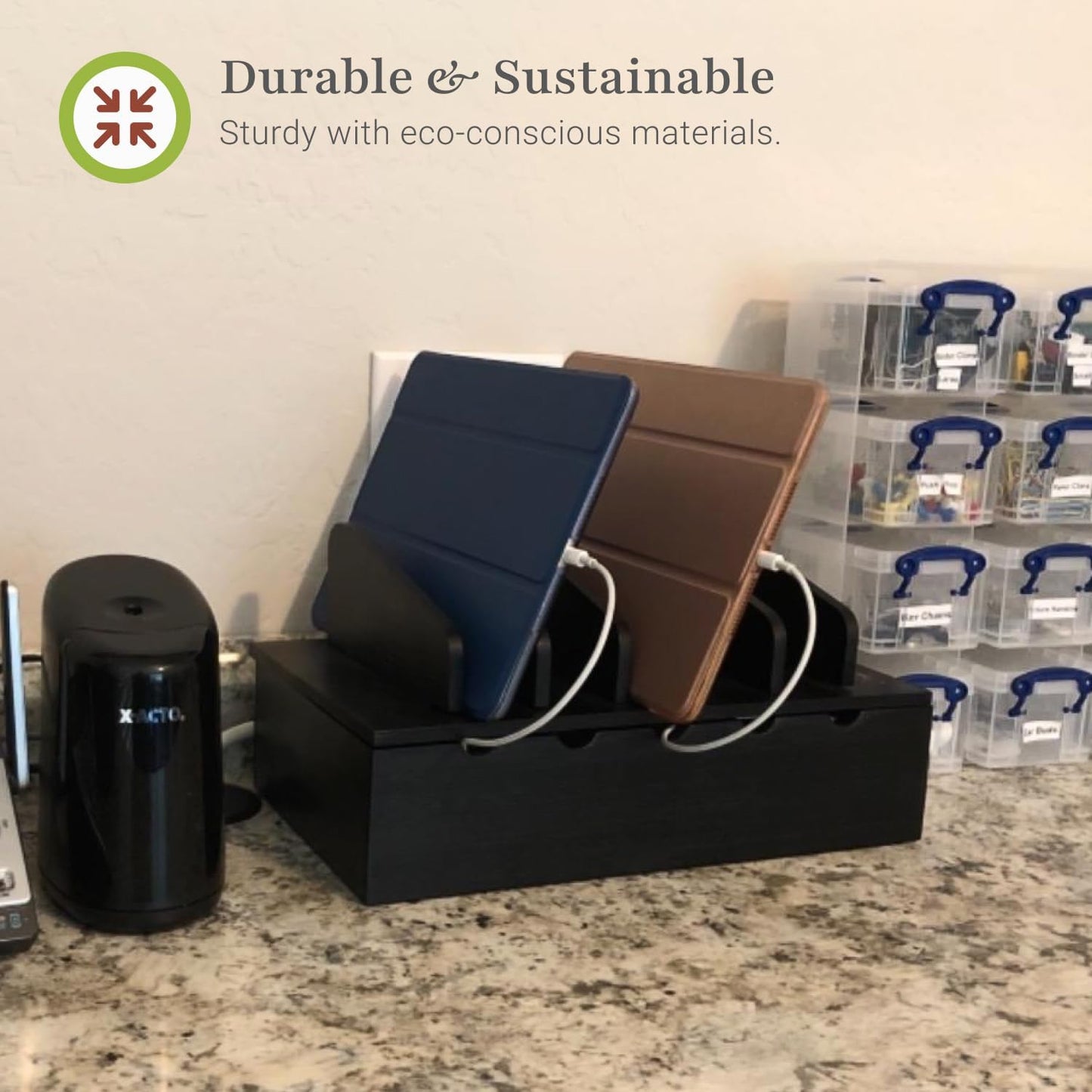 Prosumer's Choice Charging Station for Multiple Devices - 5 Device Charger Organizer for Smartphones and Tablets - Wooden Rack with Removable Dividers - Charging Dock for Work from Home - Black