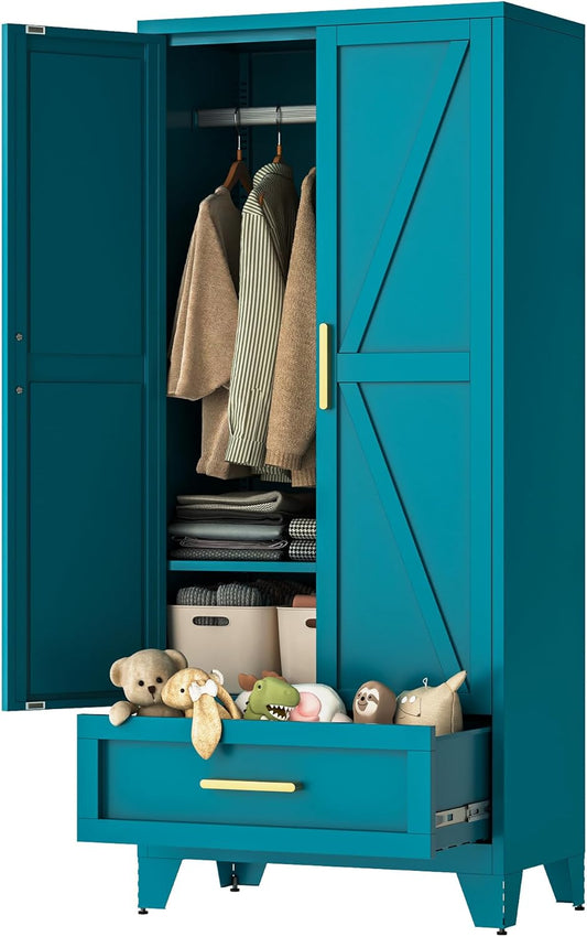 71" Tall Metal Wardrobe Cabinet with Drawer and Hanging Rod, 2 Doors Armoire Wardrobe Closet with Shelf for Bedroom, Office, Laundry Room, Blue