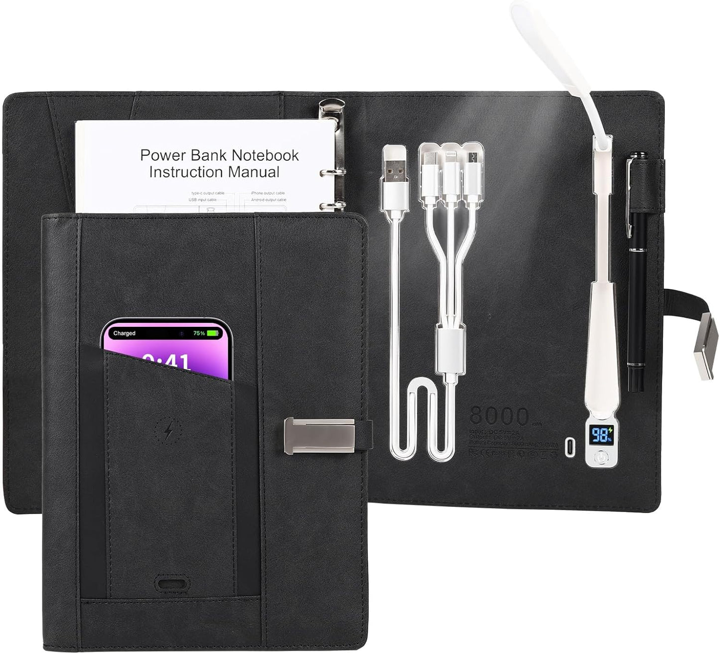 Premium Refillable Planner & Notebooks For Work,Rocketbook Notebook,With 8000mAh Power Bank, Book Light,3 in 1 Charger Cable,Card Holder,16G Thumb Drive,Used for Studying, Or Creating(Black-1)