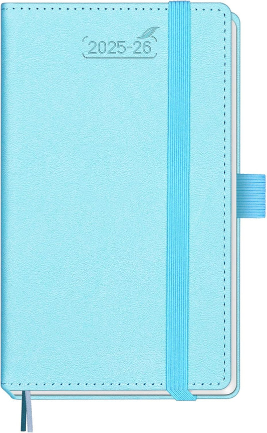 BEZEND Pocket Planner 2025-2026 Weekly and Monthly, 3.5" x 6" Academic Planner (Jul 25-Dec 26) 18-Month Mid-Year Calendar Book, Storage Pocket, Pen Holder, PU Leather Hardcover - Sky Blue