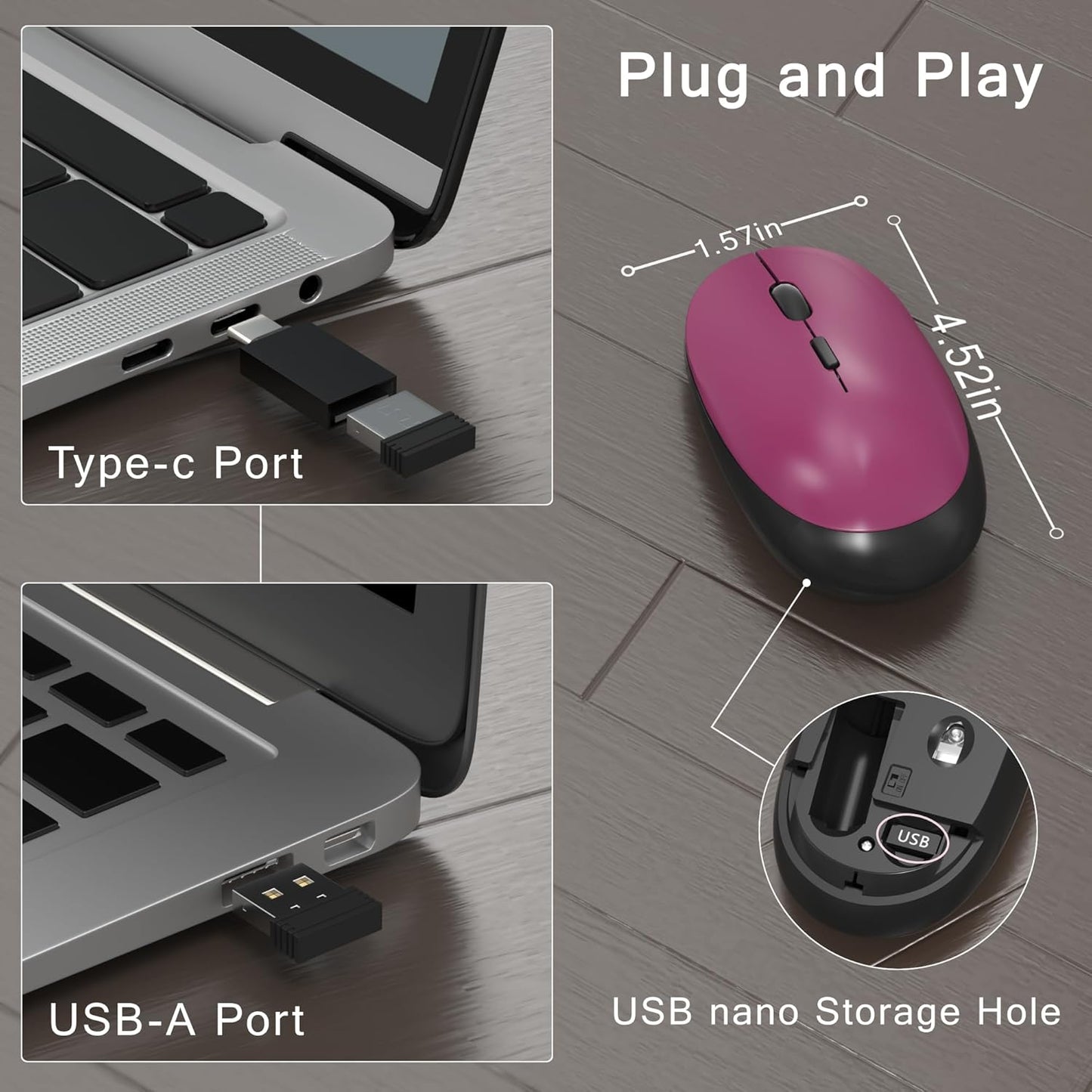 Colorful Wireless Computer Keyboard and Mouse Combo with Round Typewriter Keycaps, Retro Design, Power Switch, Ergonomic Design, 2.4GHz Wireless for Windows, Mac, PC（Black-Claret）