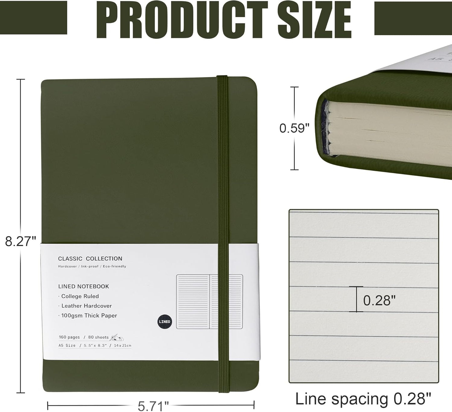 Lined Journal Notebook, 10Pack(Olive Green), 160 Pages, Medium 5.7 inches x 8 inches - 100 gsm Thick Paper, Hardcover