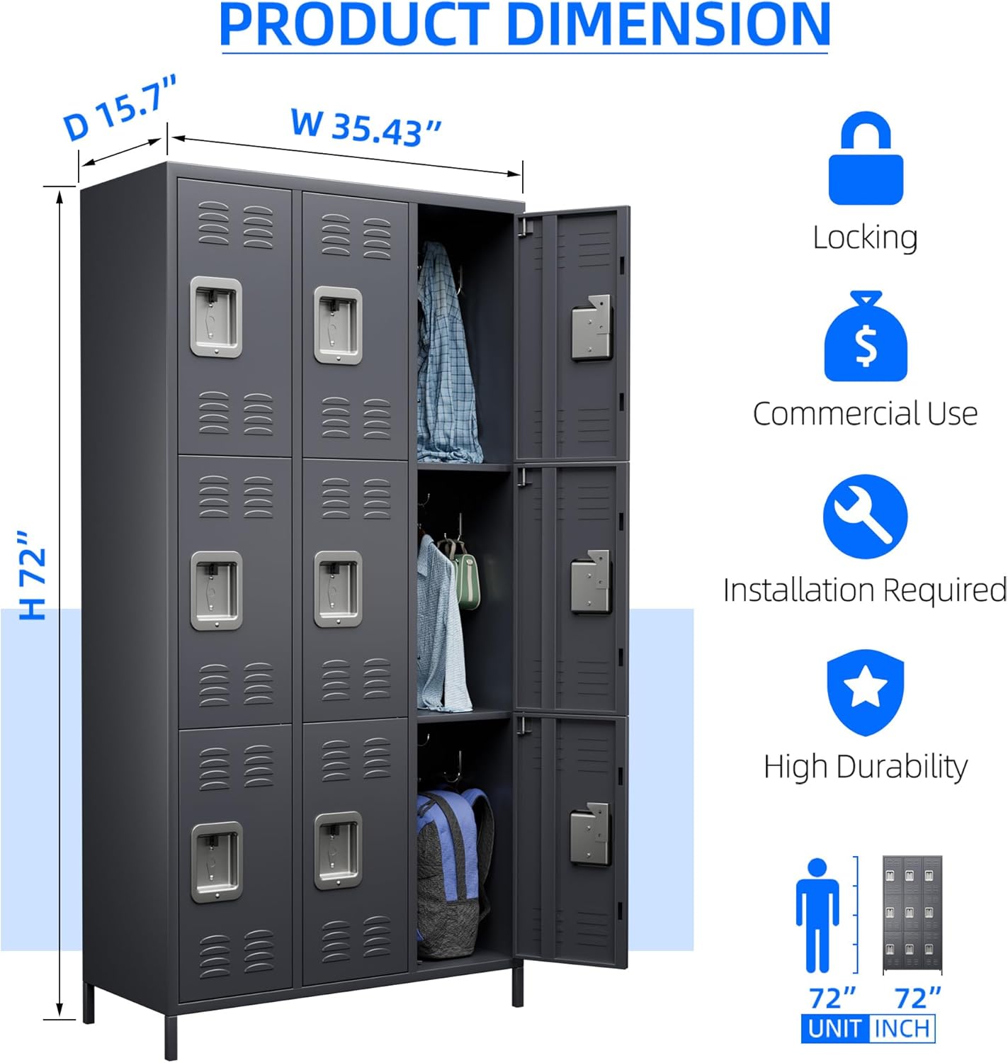 Metal Lockers for Employees with Lock,9 Doors Metal Storage Locker with 18 Hooks,Steel Storage Locker for School Office Gym Bedroom,Assembly Required (9 Door-Dark Grey)
