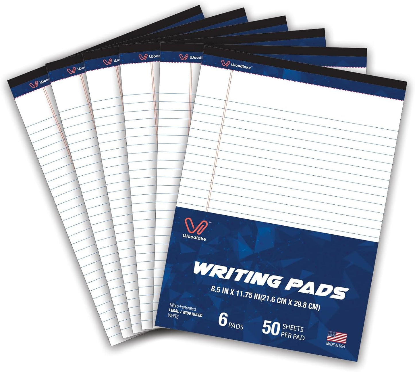 Woodlake Legal Pads 8.5 x 11 , 6 Pack, Wide Ruled Note Pad, Premium 60 GSM White Paper Pad, No Ink Bleed, Micro‑Perforated Notpad, Sturdy Chipboard Back, 50 Sheets/Pad,for School, Office & Home, Made in USA