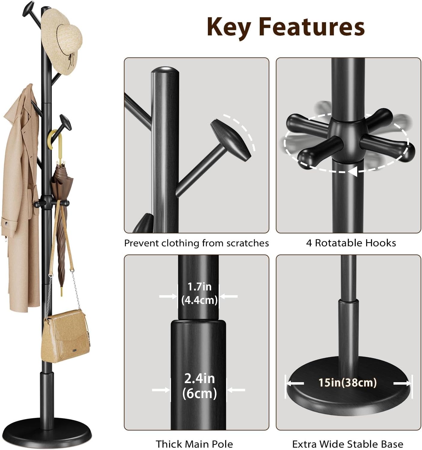 Solid Wood Coat Rack Freestanding Coat Tree with 10 Hooks for Bedroom, Livingroom, Entryway, Sturdy Coat Hanger Stand for Hats, Coats, Scarves, Handbags, Purses