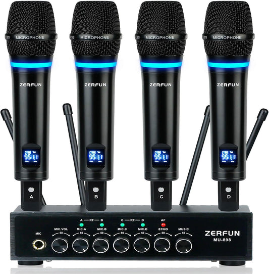 4 Channel Rechargeable Wireless Microphone System, Pro UHF Metal Handheld Wireless Microphones Cordless Mics with Echo Bluetooth VOL Channel Control for Karaoke Singing Church(MU-898)