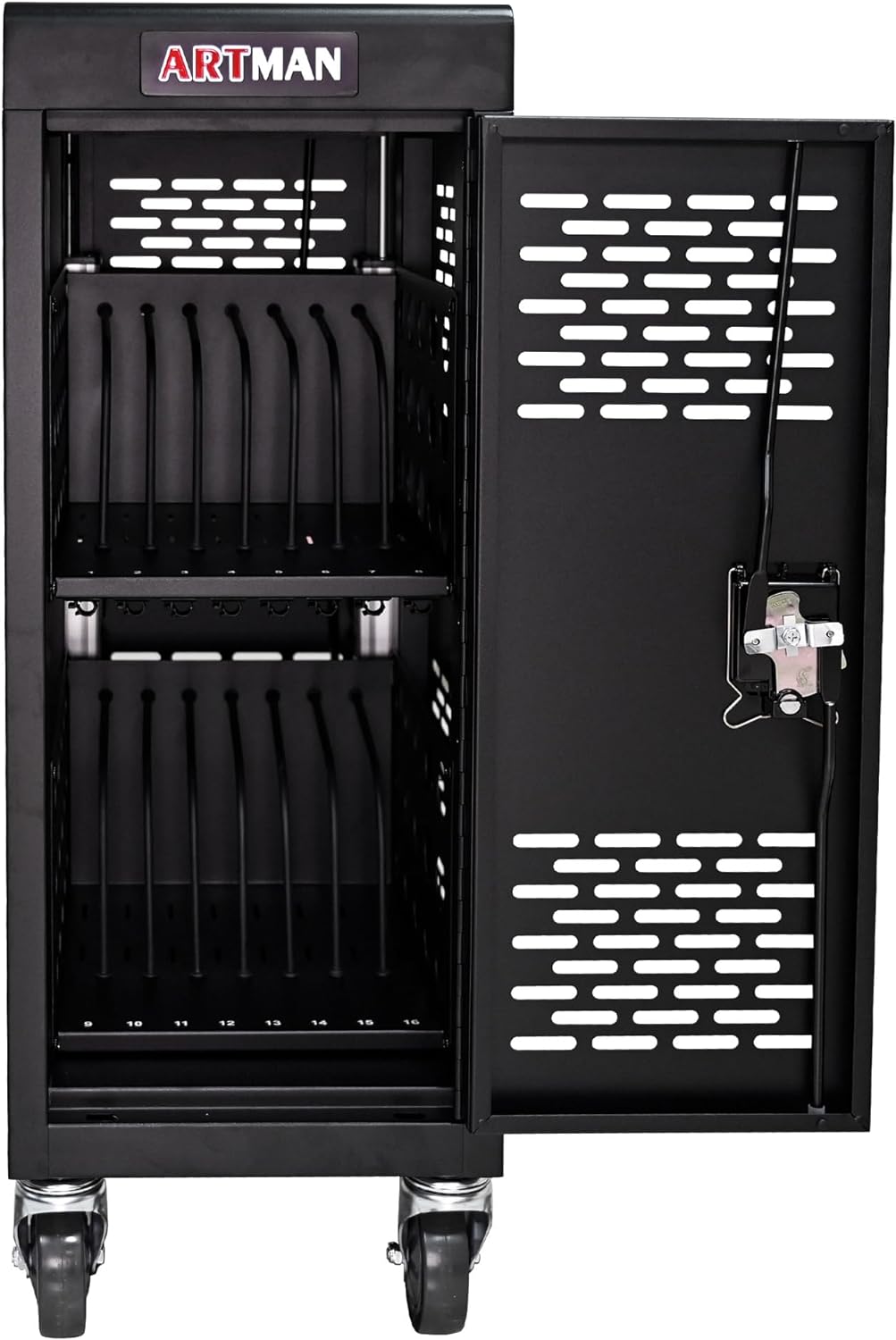 16 Device Charging Cart for Laptop Up to 16.3-inch Screen, Mobile Charging Station and Tablet Storage Cart for iPad, Chromebooks with Cord Organizer, Black