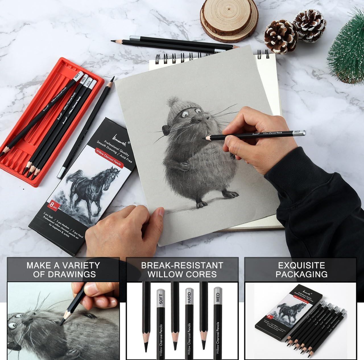 Professional Charcoal Pencils Drawing Set - 8 Pieces Soft Medium and Hard Willow Charcoal Pencils for Drawing, Sketching, Shading