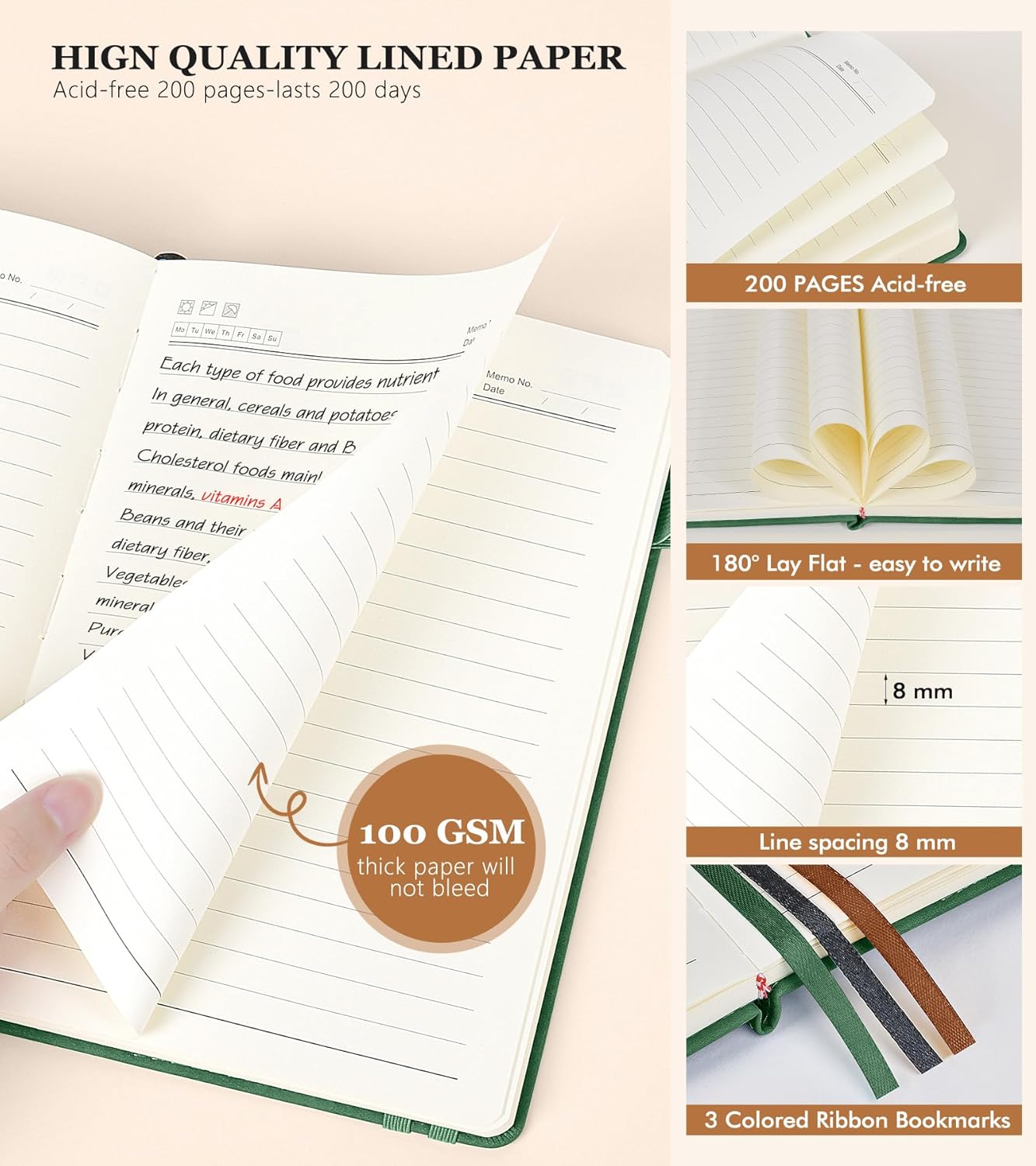 Lined Journal Notebook for Men & Women,200 Pages A5 Hardcover Leather Notebook (5.9"x8.5"), Travel Journal for Work, School, Business Writing, Note Taking, Notepad Diary (Green)