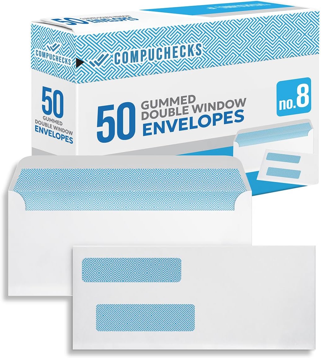 Compuchecks Double Window Envelopes #8 - Gummed, Security Business Mailing Check Envelopes - Tamper Evident, Security Tint - 50 Count – Guaranteed to fit QuickBooks Checks