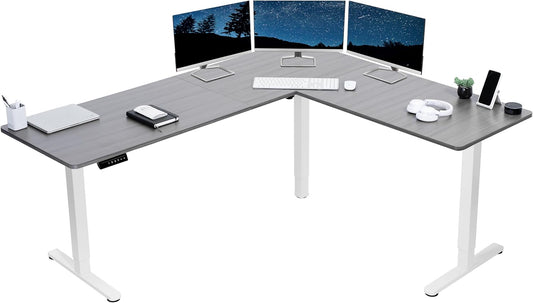 VIVO Electric Corner L-Shaped 75 x 63 in Standing Desk, Memory Height Adjustment, Dark Gray Top White Frame, DESK-E3CTWG-75