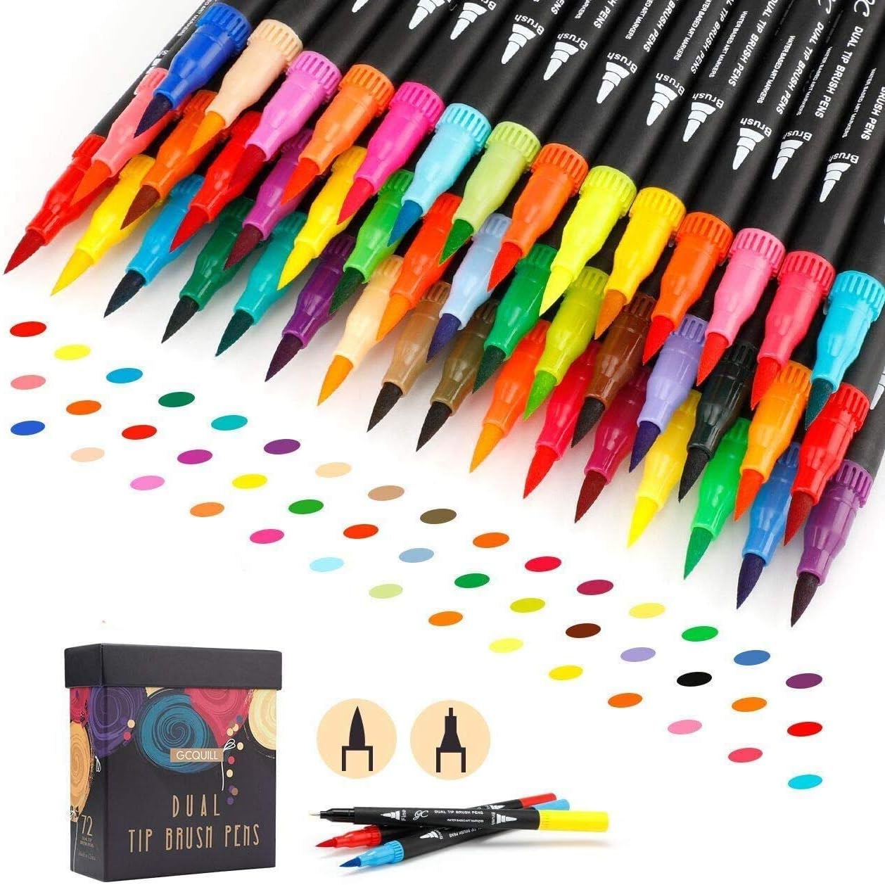 GC 72 Colors Dual Tip Brush Pens Highlighter 72 Art Markers 0.4mm Fine liners & Brush Tip Watercolor Pen Set for Adult and kids Coloring Books, Calligraphy, Hand Lettering, Note Taking