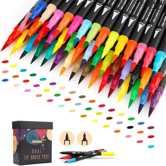 GC 72 Colors Dual Tip Brush Pens Highlighter 72 Art Markers 0.4mm Fine liners & Brush Tip Watercolor Pen Set for Adult and kids Coloring Books, Calligraphy, Hand Lettering, Note Taking