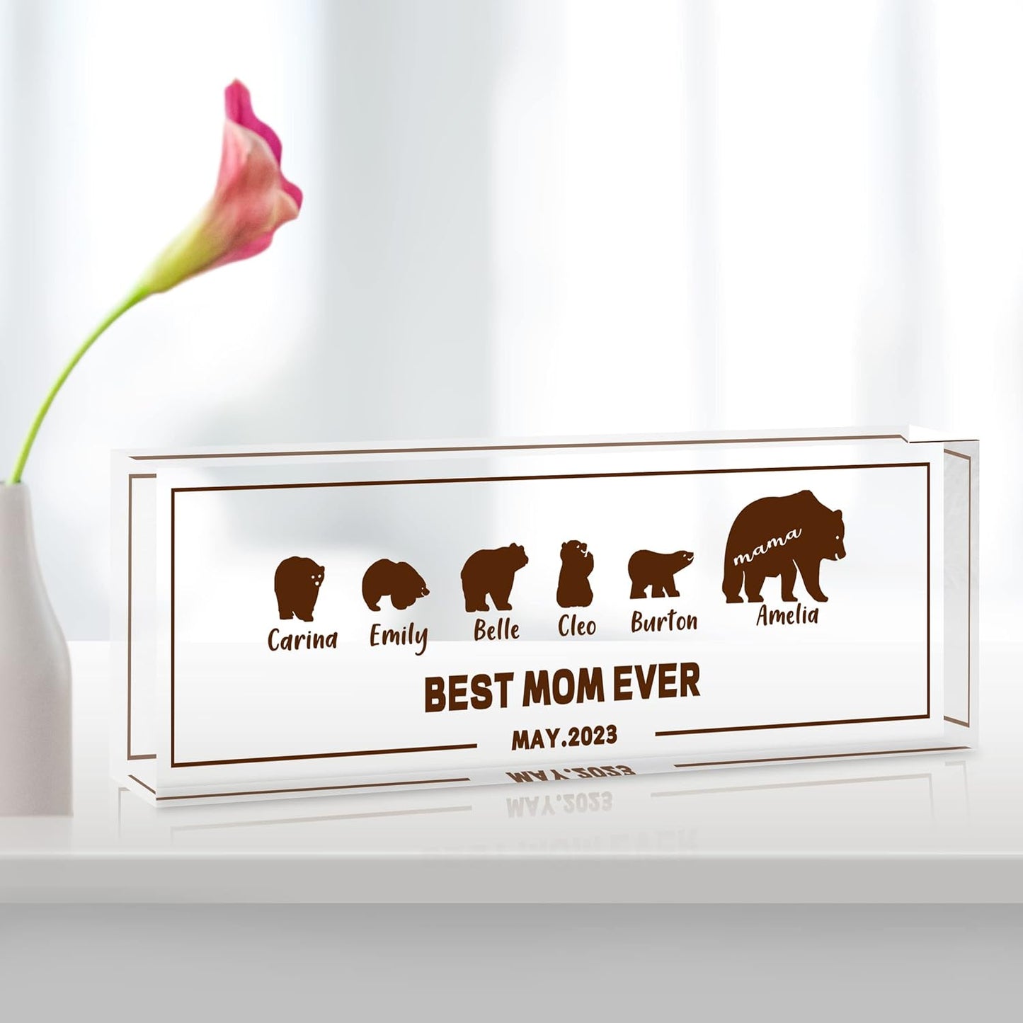 Personalized Office Desk Accessories Gift Mama Bear Family Sign with Names Text Date,Custom Mothers Day Gift from Daughter Son,Clear Glass Acrylic Desk Decor Desk Decorations for Women Office…