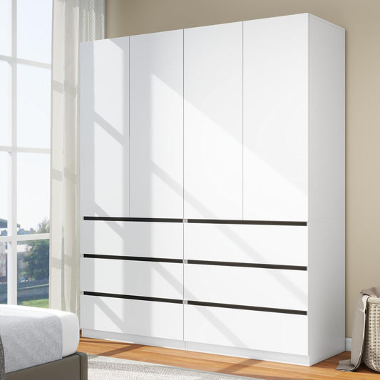 Bedroom Armoire Wardrobe Closet with 6 Drawers: White Wardrobe Closet with 4 Doors, Modern Cabinet for Clothes with Shelves, Wooden Armoire for Hanging Clothes (Modern, 2)
