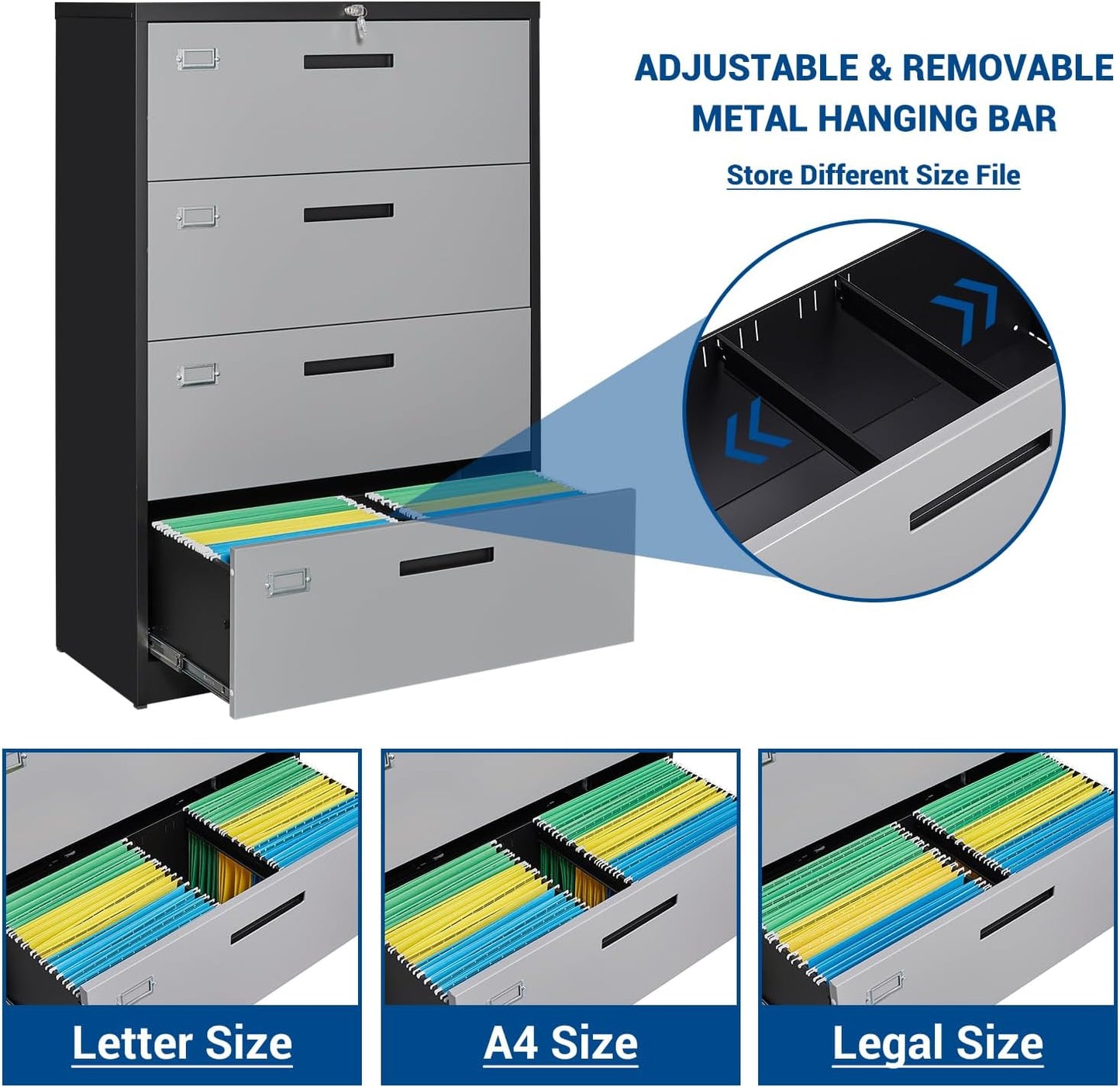 Metal Steel 4 Drawer Lateral File Cabinet with Lock, Filling Cabinets for Home Office, Lockable Storage Cabinet for Hanging Files Letter/Legal/F4/A4 Size-Assembly Required
