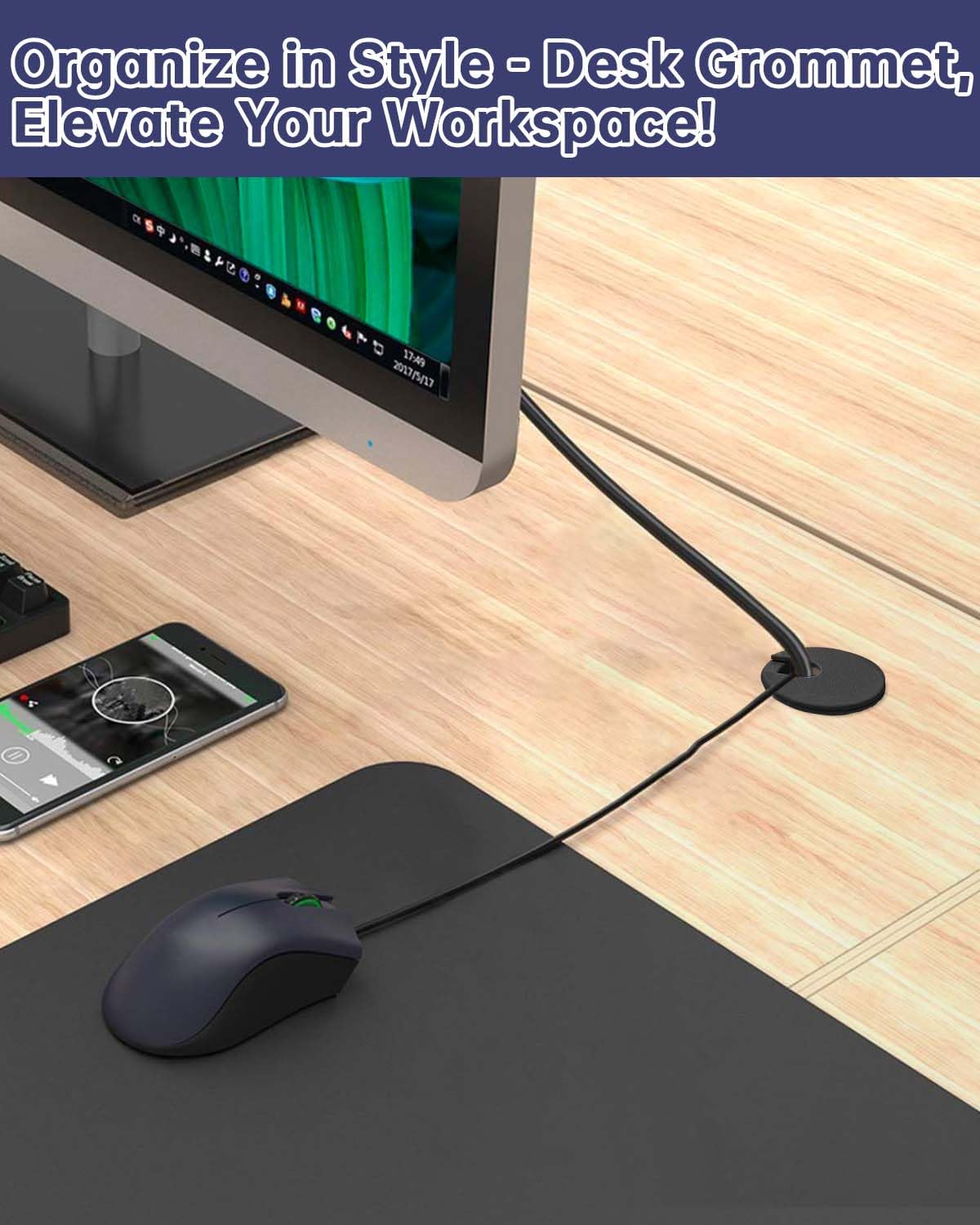 Desk Grommet & Cable Grommet 1-3/8 Inch (10 Pack) - Black Cord Hole Cover with Hole Cutter - Cable Management Kit for Office Desk, TV Stand, Workstation - Hide Wires Behind Wall, Cable Pass Through