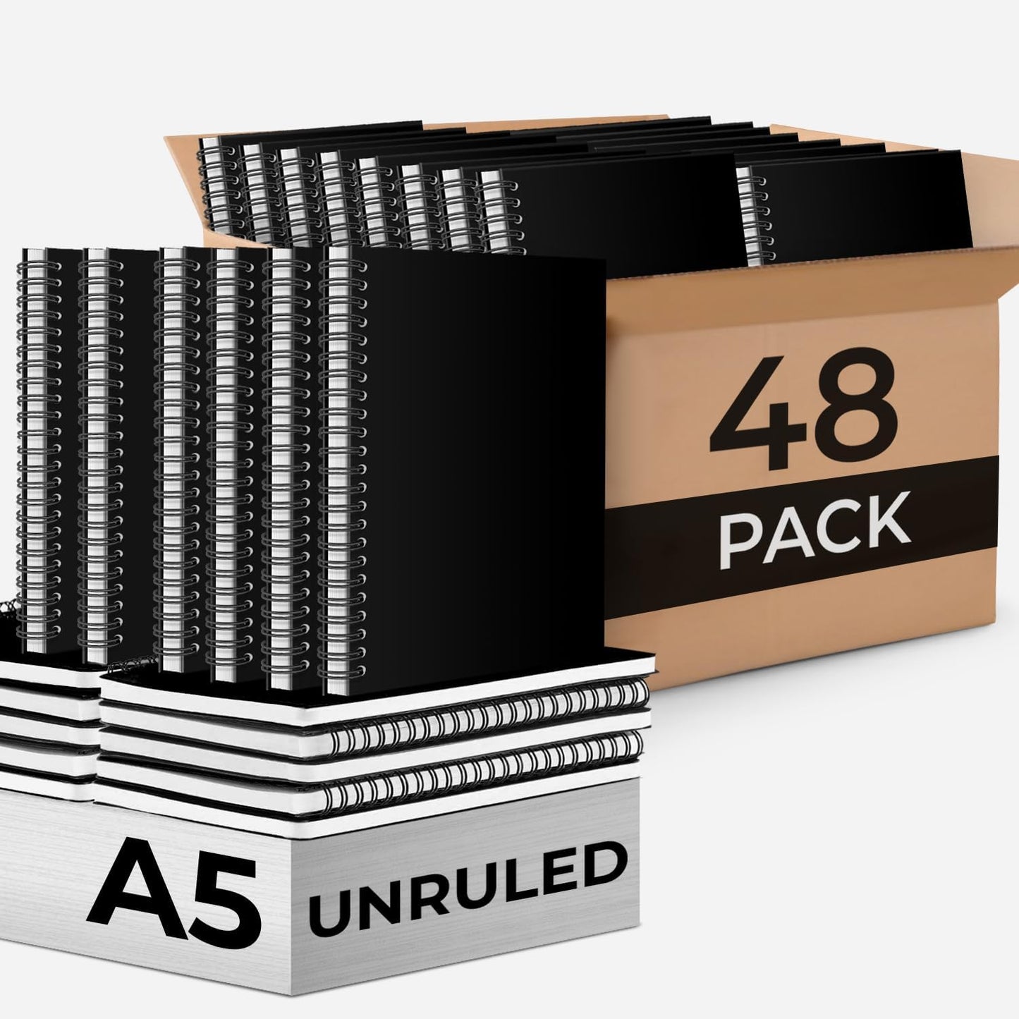 Bulk Spiral Notebook, 48 Pack, Unlined Journal, 5.8 x 8.3, 120 Pages (60 Sheets), 100 GSM Paper, No-Bleed, Black Cover Drawing Notebooks, Unlined Sketch Pad for Writing, Note Taking Travel