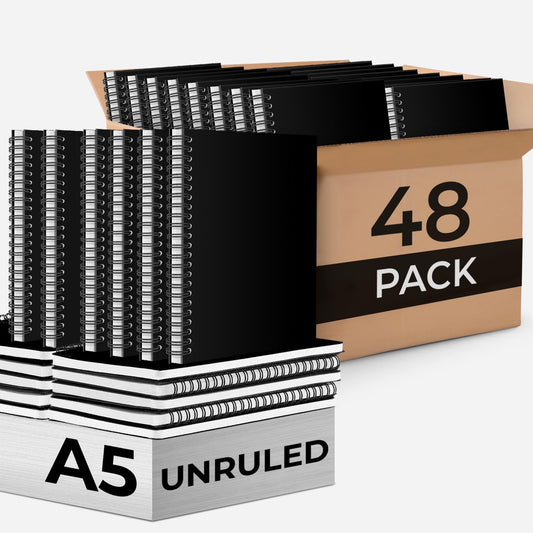 Bulk Spiral Notebook, 48 Pack, Unlined Journal, 5.8 x 8.3, 120 Pages (60 Sheets), 100 GSM Paper, No-Bleed, Black Cover Drawing Notebooks, Unlined Sketch Pad for Writing, Note Taking Travel