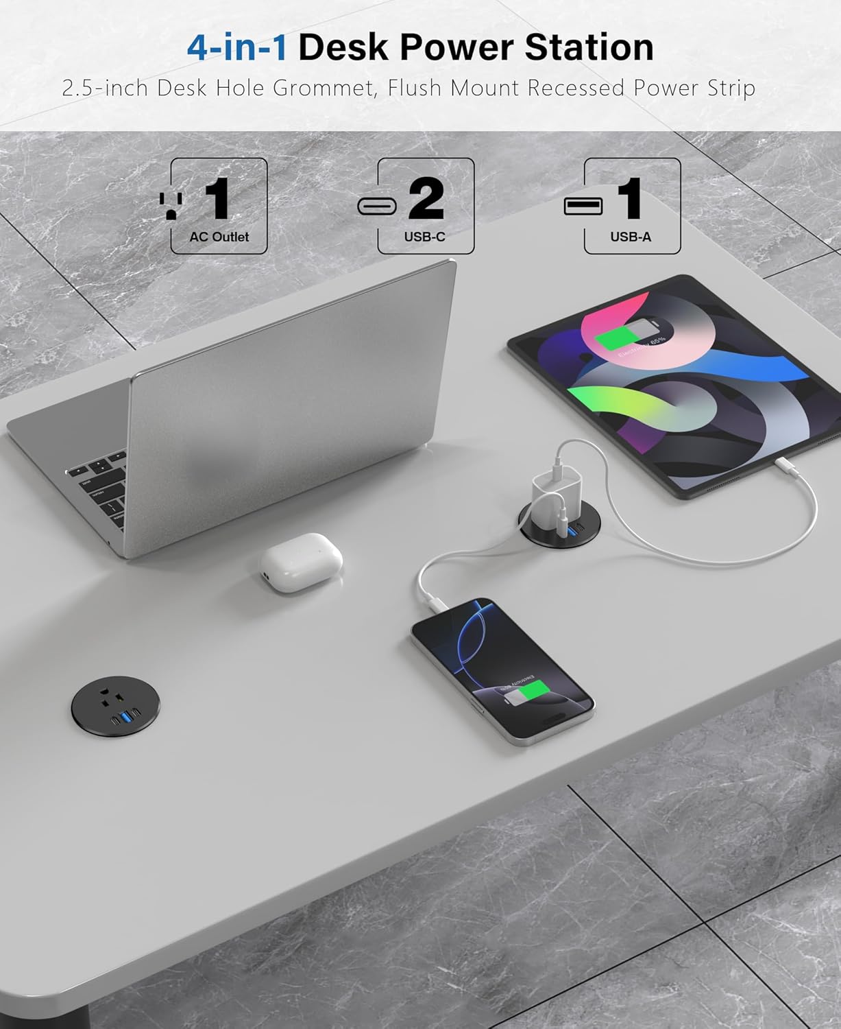 2.5 inch Power Grommet,20W USB-C Charging,1 Outlet with 2 USB C,1 USB Port,Furniture Flush Mount for Desktop,Recessed Power Strip,Workspace Essential Desk Outlet (Black, 10 FT)