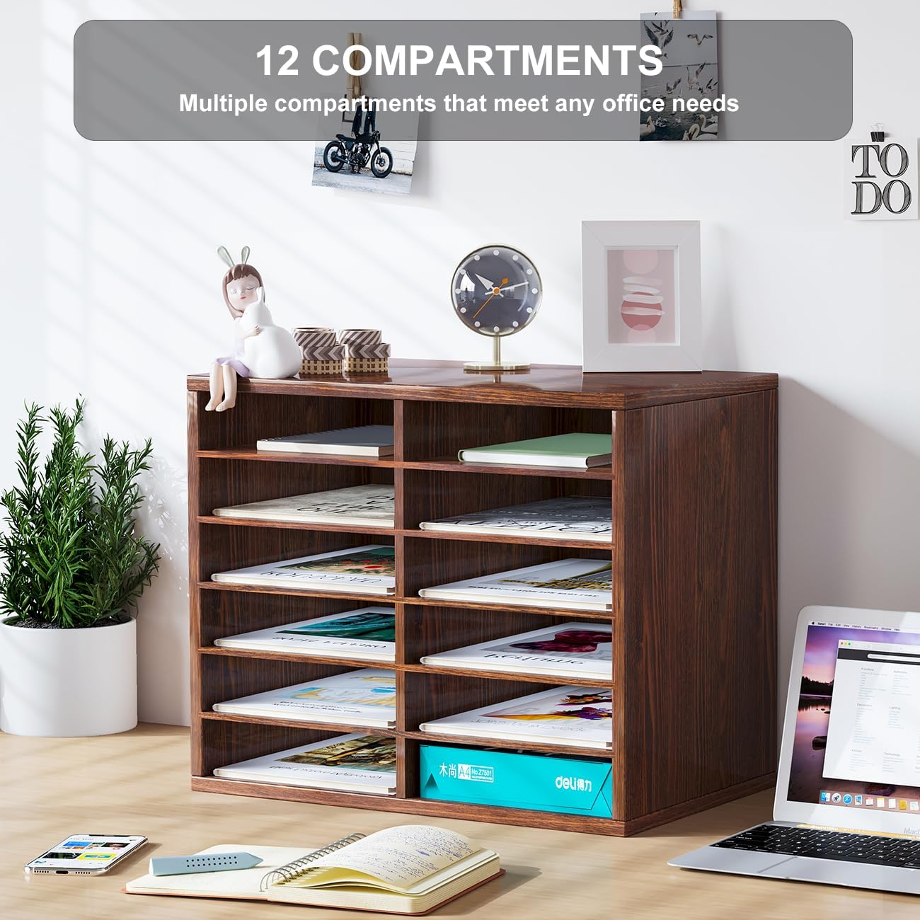 PAG Countertop Mail Sorter Organizer, Wooden Literature Organizer, Student Mailbox for Classroom, Desktop Bill Organizer for Office Home School, 12 Compartments, Brown