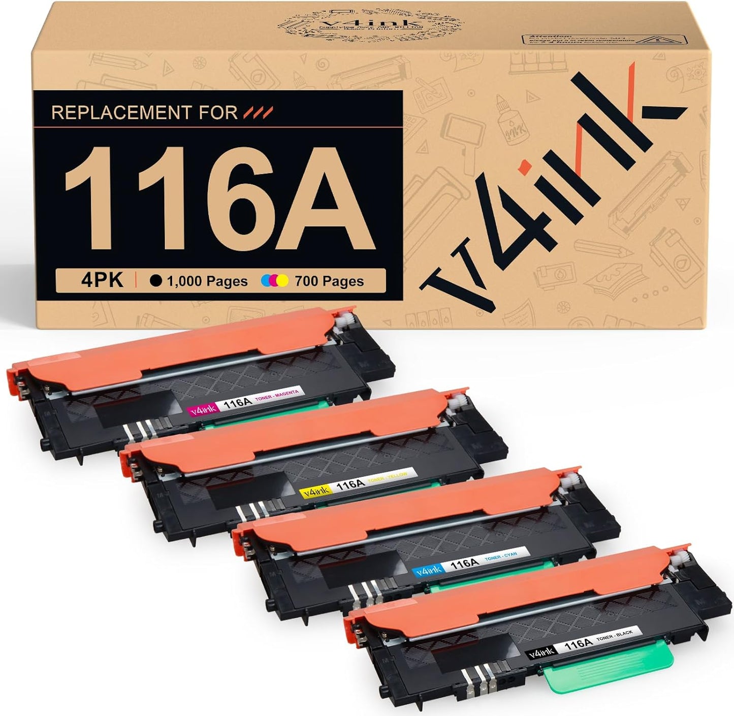 v4ink 116A Toner Cartridge 4 Pack Replacement for HP 116A W2060A W2061A W2062A W2063A use with HP Color Laser 150 150a 150nw MFP 178 178nw 178nwg 179 179fnw 179fwg Printer Ink (KCMY)