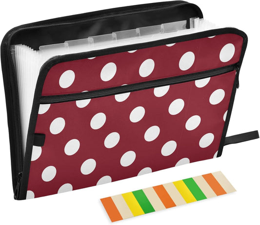 Gredecor 13 Pockets File Folder Organizer A4/Letter Water Resistant White Polkadot with Red Document Bag with Zipper Filing Folder Expanding File Pouch Storage for School Office