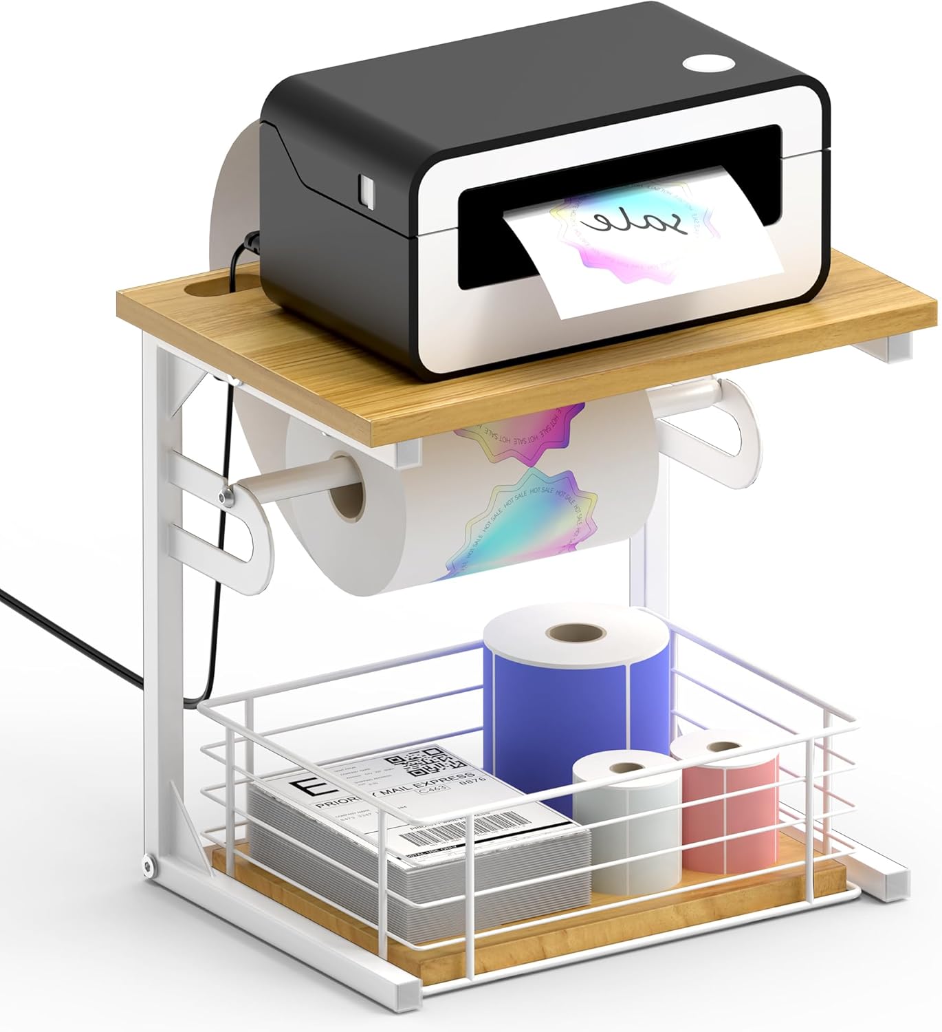 Label Holder for Rolls and Fan-Fold Labels, Wooden Thermal Sticker Roll Holder for Desktop Thermal Label Printer, Solid Shipping Label Holder & Desktop Label Printer Accessory Supplies, White