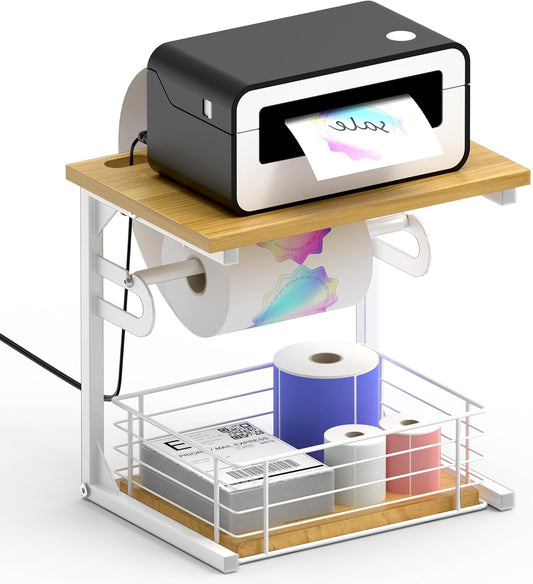 Label Holder for Rolls and Fan-Fold Labels, Wooden Thermal Sticker Roll Holder for Desktop Thermal Label Printer, Solid Shipping Label Holder & Desktop Label Printer Accessory Supplies, White