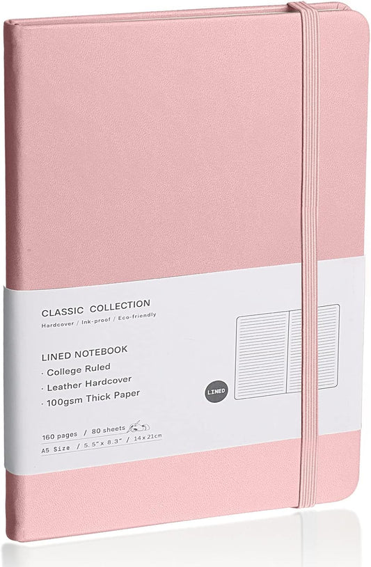 Lined Journal Notebook, (pink), 160 Pages, Medium 5.7 inches x 8 inches - 100 gsm Thick Paper, Hardcover