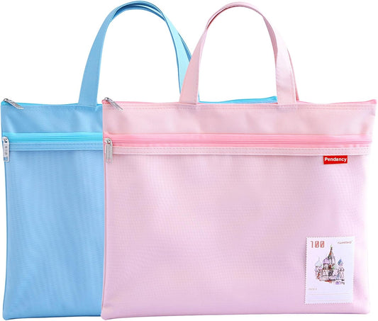 Pendancy Mesh Zipper Pouch 11x13.7 in, 2 pcs Large Double Pocket Waterproof File Bag with Handle, A4 Size Foldable Document Storage for Puzzle Project/Cross Stitch/Travel/Office（Blue Pink）