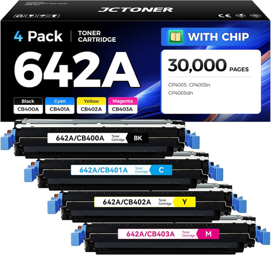 642A Toner Cartridge Set 4-Pack with Chip High Yield Replacement for HP 642A CB400A CB401A CB402A CB403A Compatible with HP Color LaserJet CP4005 CP4005n CP4005dn Printer Ink Black Cyan Yellow Magenta