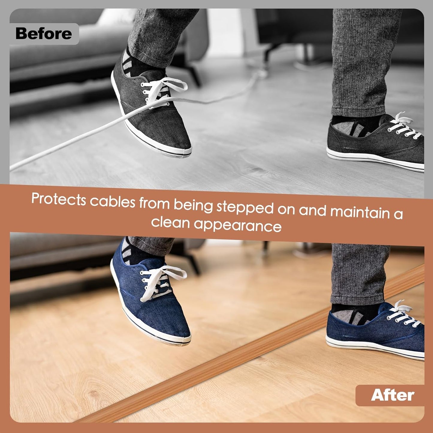 Floor Cord Cover for Wires on Floor Self Adhesive Cord Hider Floor Cable Management Wire Covers for Cords Protector Prevent Cable Trips Cord Cavity W 0.32" x H 0.32", Brown Wood, 20Ft