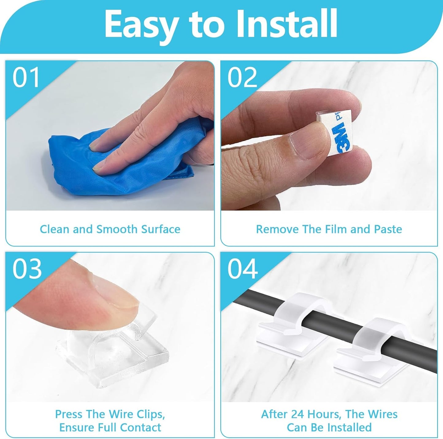 100PCS Cable Clips, Adhesive Wire Clips Organizer Cord Clips Management, Cable Staples Outdoor Strong for Wall, Desk, Christmas Lights, String Lights, TV PC Ethernet Cable, Clear Large