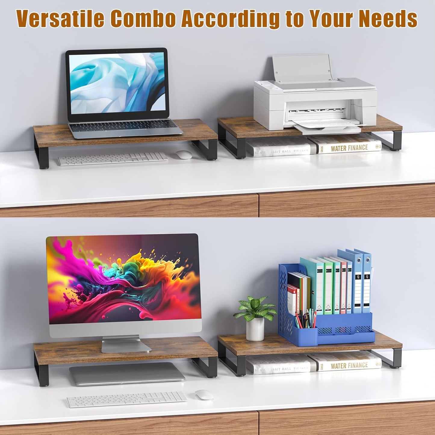 XINYAO Monitor Stand for Desk, Wood & Steel Computer Stand Riser with Storage Organizer for Office Laptop, PC, Printer