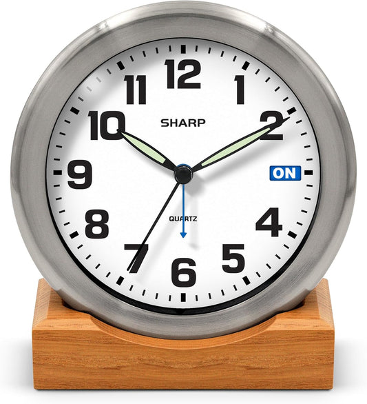 Sharp Silent Sweep Quartz Analog Alarm Clock with Alarm Status Indicator on Dial, Brushed Metal Clock with Genuine Wood Stand