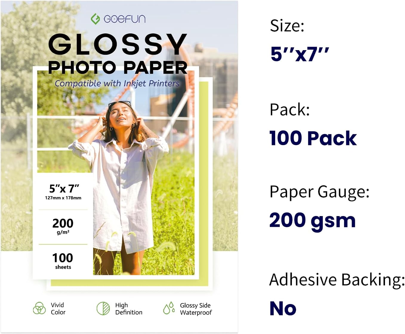 5x7 Photo Paper, Goefun 200GSM/54LB Glossy Inkjet Printer Paper for Dye Ink,100 Sheets