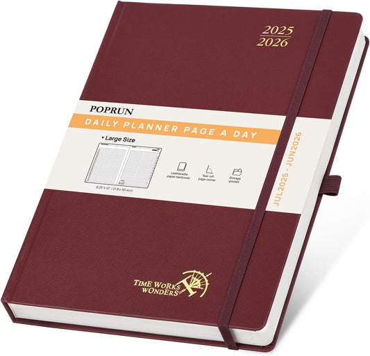 POPRUN 2025-2026 Daily Planner One Page Per Day (Large - 8.25'' x 12'') - Academic Calendar (July 2025 - June 2026), 2025 Day Appointment Book with Monthly Tabs, Hardcover - Burgundy